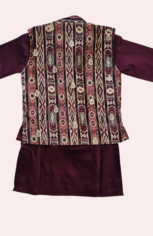 Maroon Kurta, Pant & Printed Jacket Set