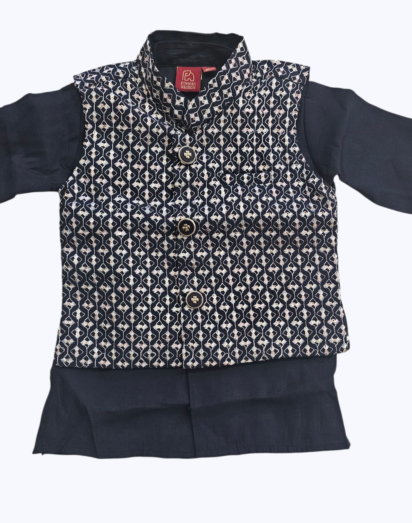 Boy's Navy Blue Kurta, Pajama & Printed Jacket Set