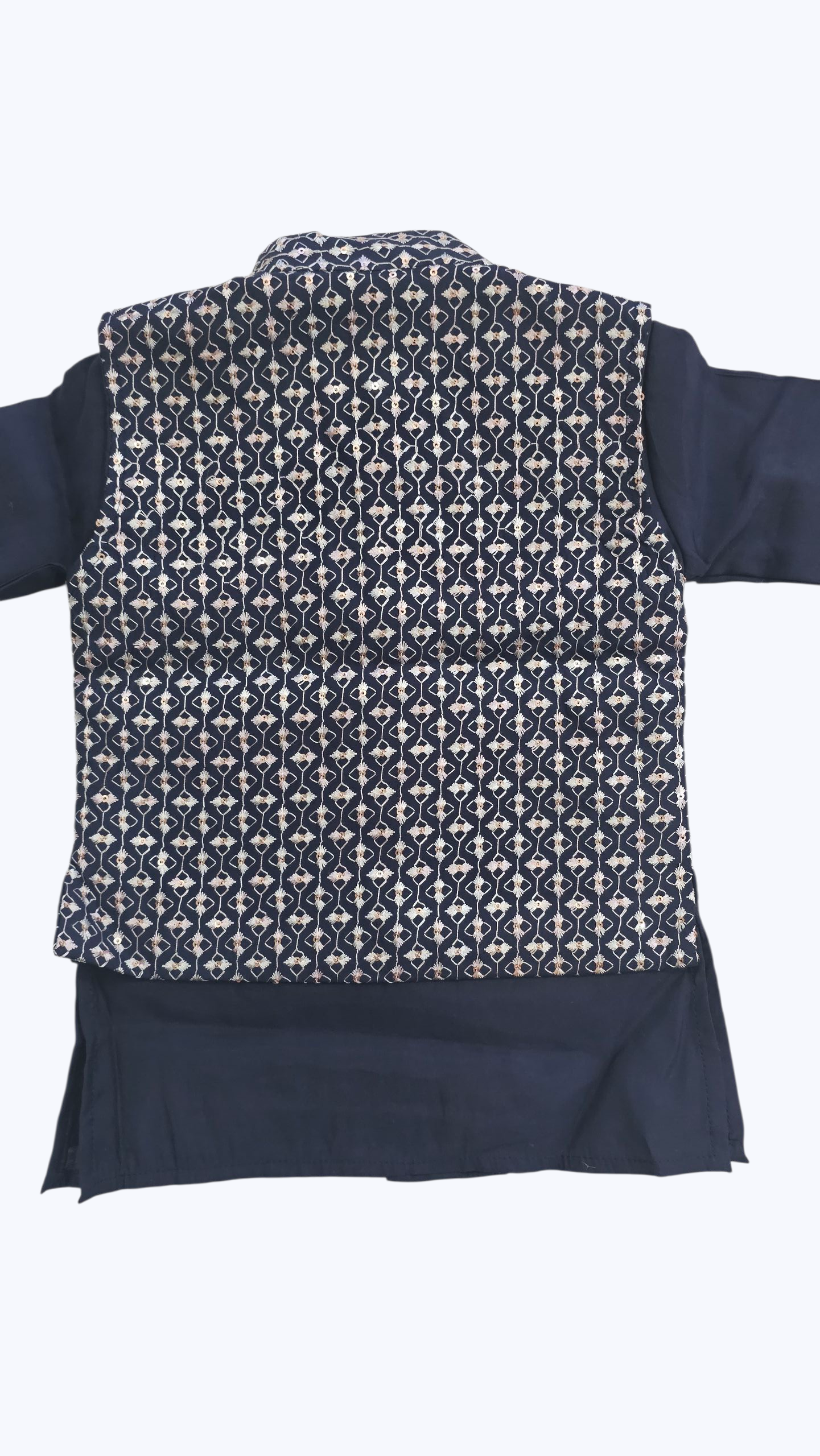 Boy's Navy Blue Kurta, Pajama & Printed Jacket Set