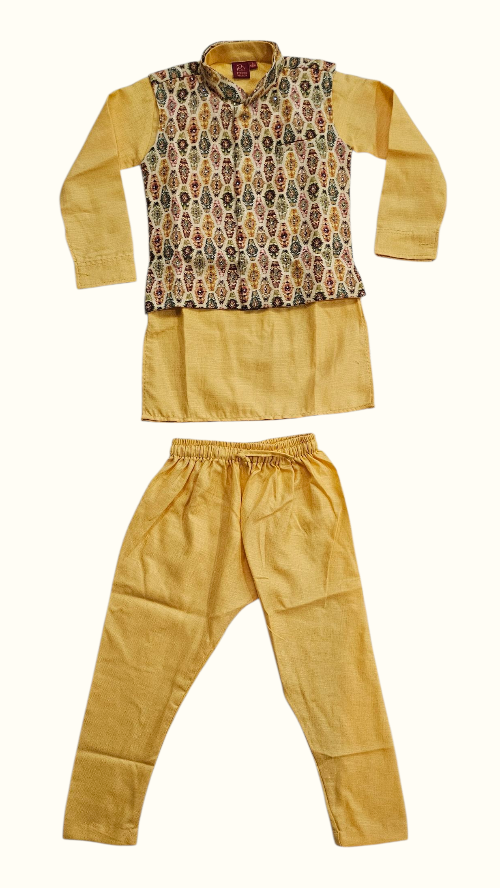 Boy's Yellow Kurta, Pajama & Printed Nehru Jacket Set