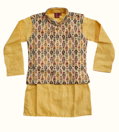 Boy's Yellow Kurta, Pajama & Printed Nehru Jacket Set