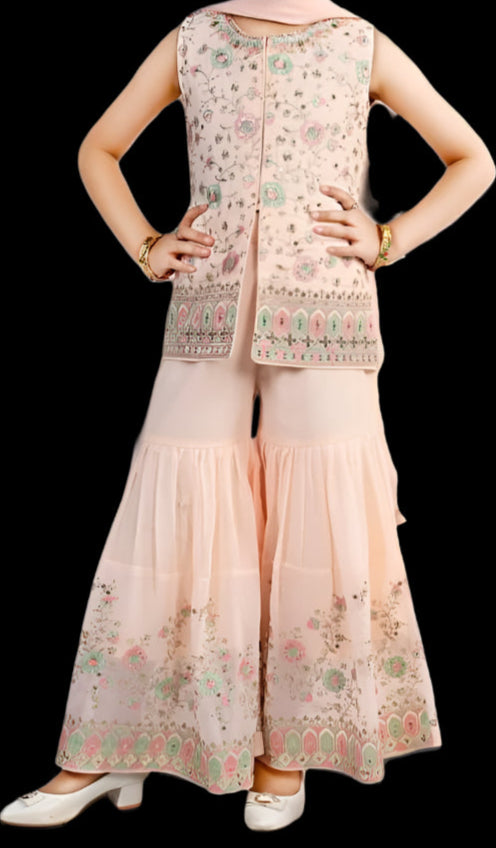 Graceful Peach Embroidered Sharara Set – Elegant Festive Wear