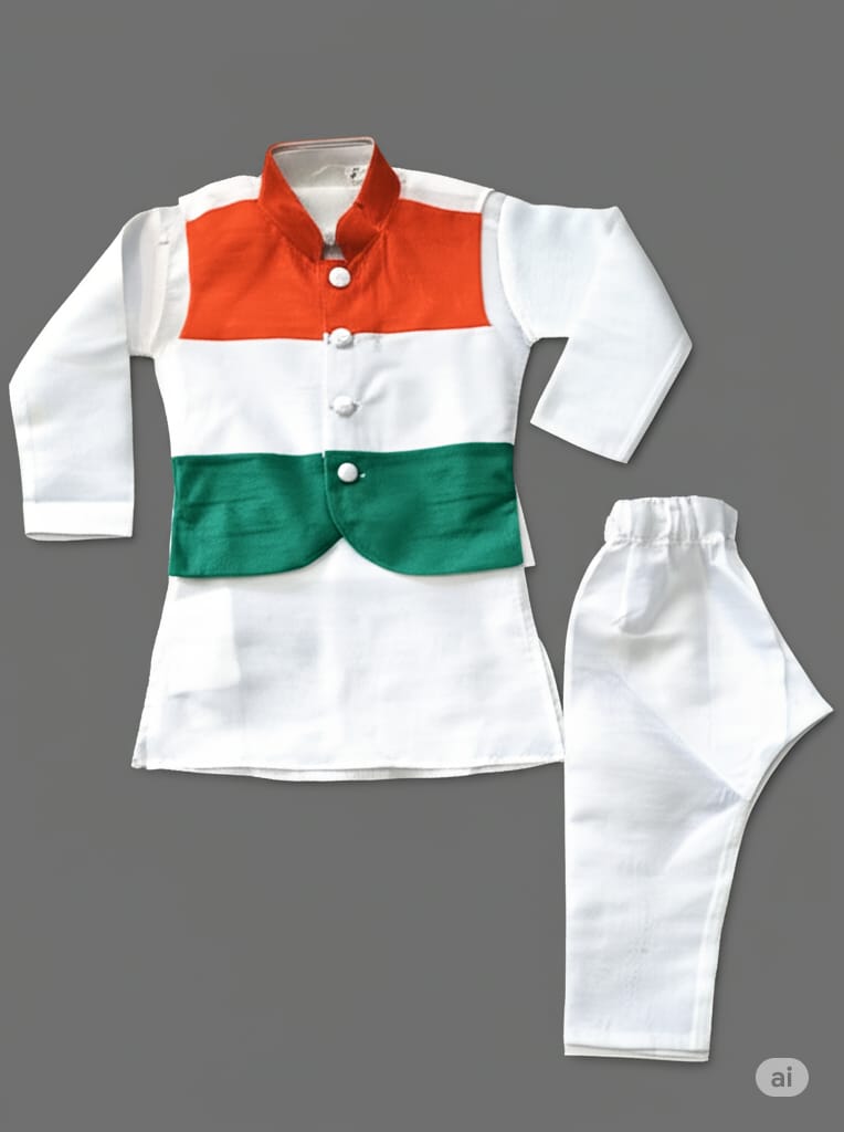 White kurta pajama with tri-colored jacket