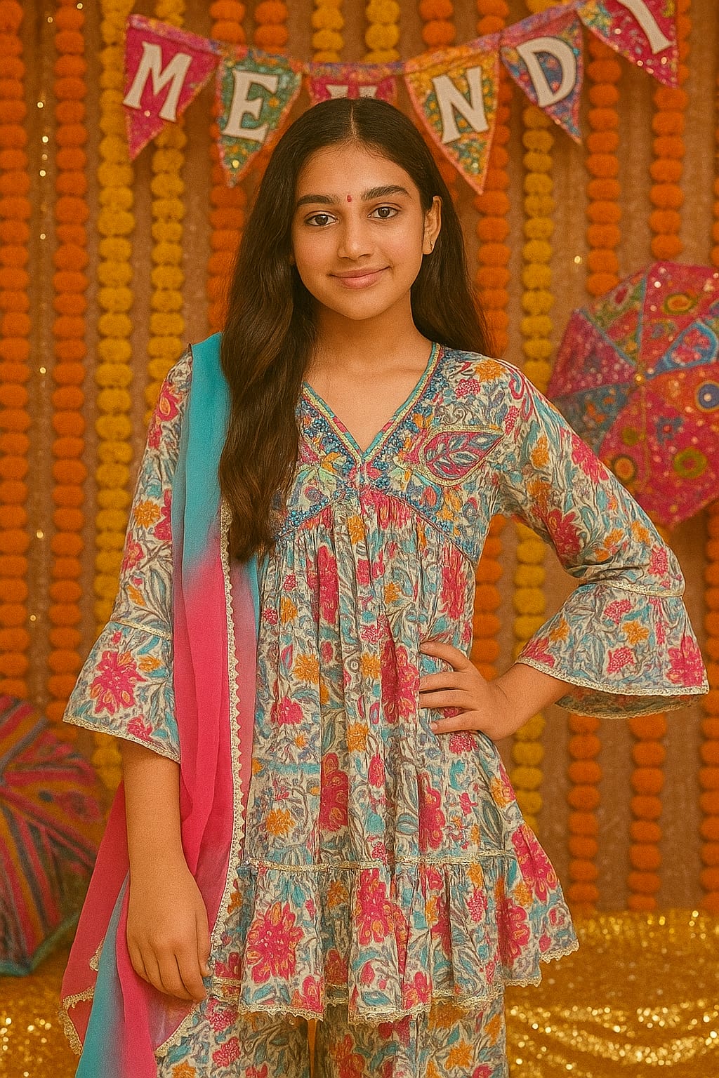 Girl Floral Printed Sharara Suit – Elegant Traditional Ensemble with Dupatta