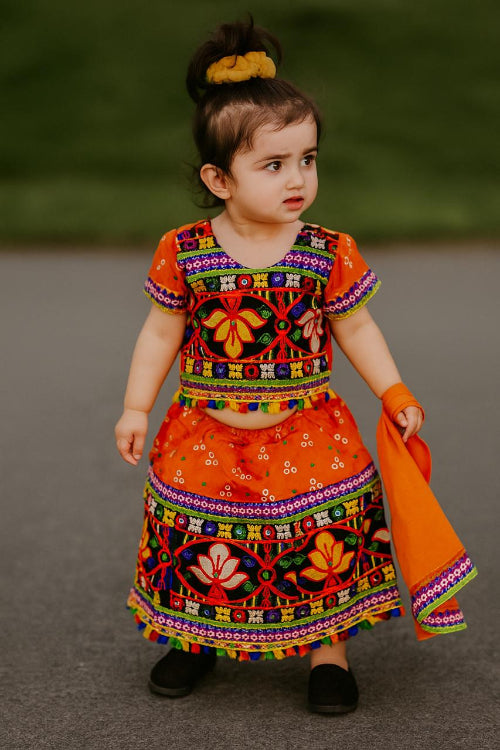 Vibrant Yellow Kids Lehenga Choli with Mirror Work Embroidery