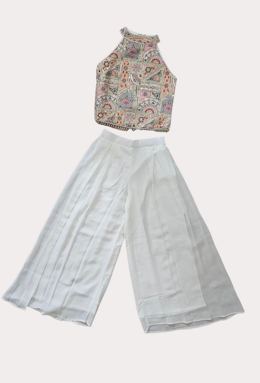 Chic White Palazzo Set with Embroidered Halter Neck Top – Elegant Ethnic Wear