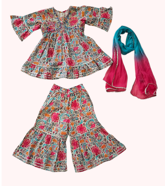 Girl  Floral Printed Sharara Suit – Elegant Traditional Ensemble with Dupatta