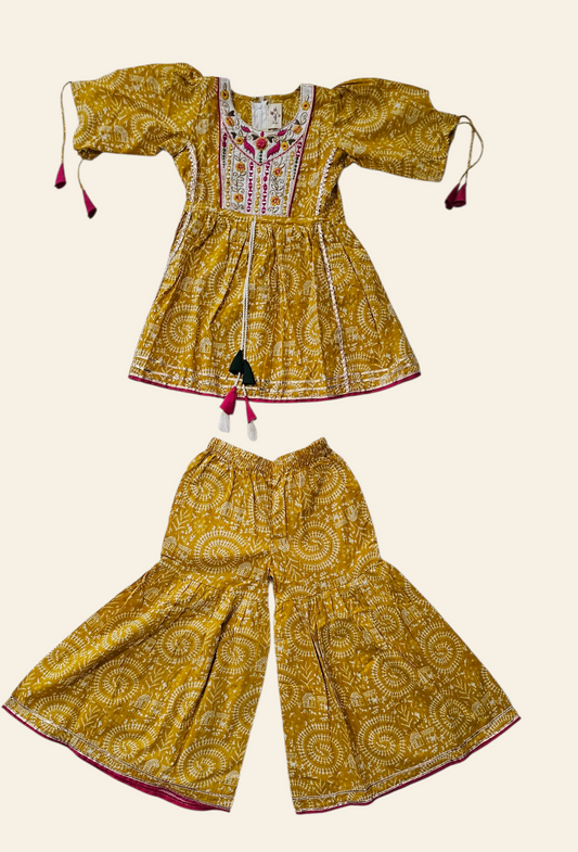 Girls’ Mustard Yellow Ethnic Set with traditional warli print