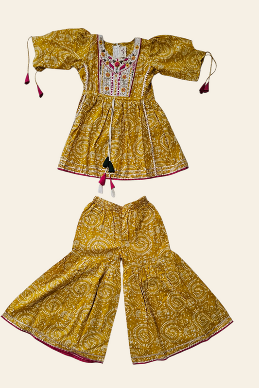Yellow Kurta with traditional warli print w/ Palazzo pants