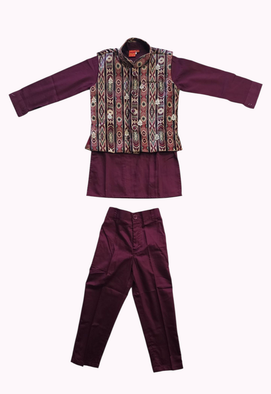 Maroon Kurta, Pant & Printed  Jacket Set