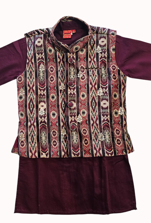 Maroon Kurta, Pant & Printed  Jacket Set