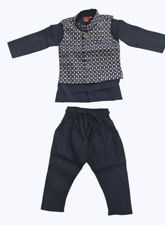 Boy's Navy Blue Kurta, Pajama & Printed  Jacket Set