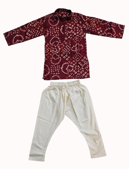 Boy’s Traditional Bandhani Kurta Pajama Set (Maroon Color)