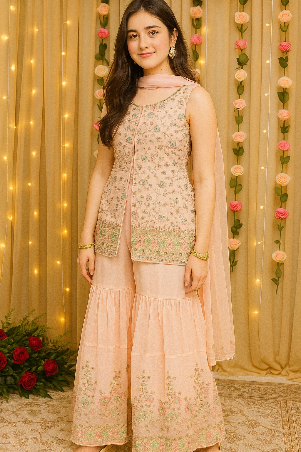 Graceful Peach Embroidered Sharara Set – Elegant Festive Wear