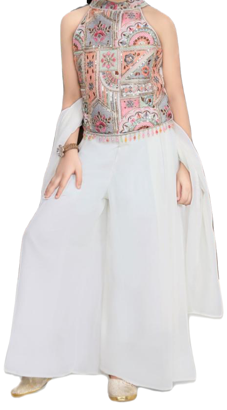 Chic White Palazzo Set with Embroidered Halter Neck Top – Elegant Ethnic Wear