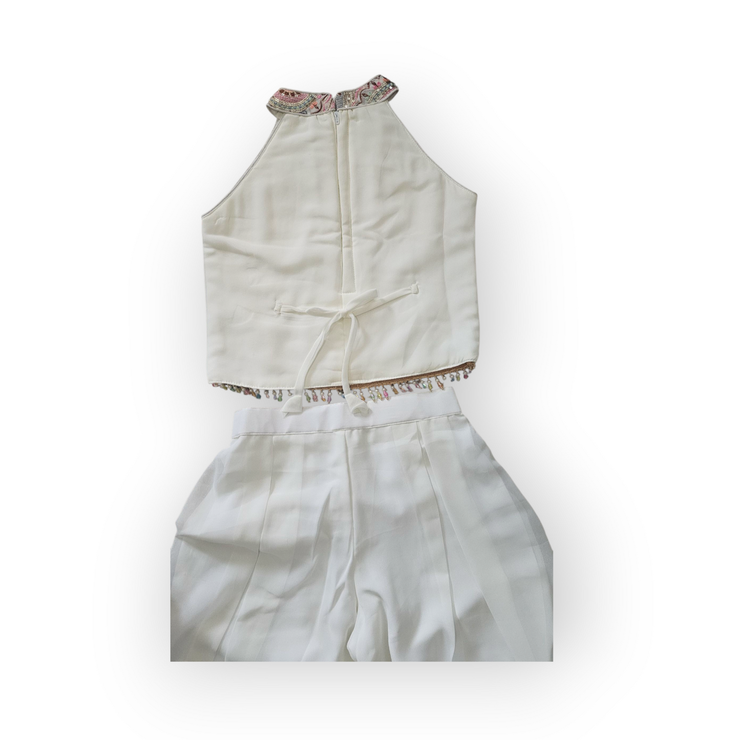 Chic White Palazzo Set with Embroidered Halter Neck Top – Elegant Ethnic Wear