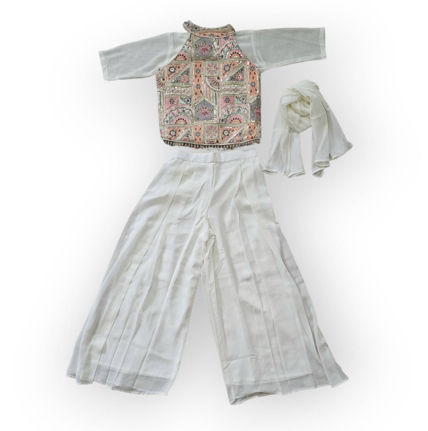 Chic White Palazzo Set with Embroidered Halter Neck Top – Elegant Ethnic Wear