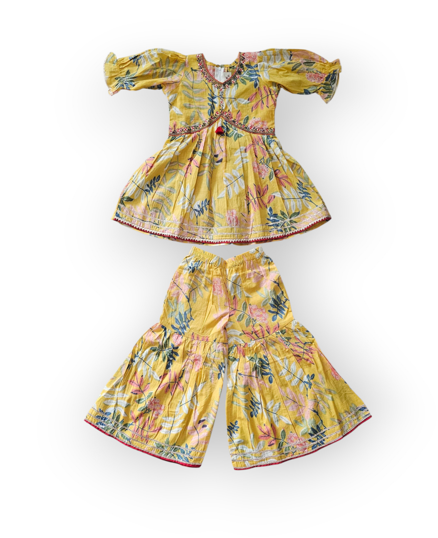 Pastel elegant yellow floral sharara set