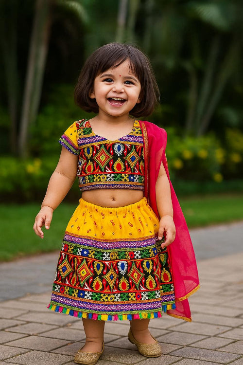 Vibrant Yellow Kids Lehenga Choli with Mirror Work Embroidery